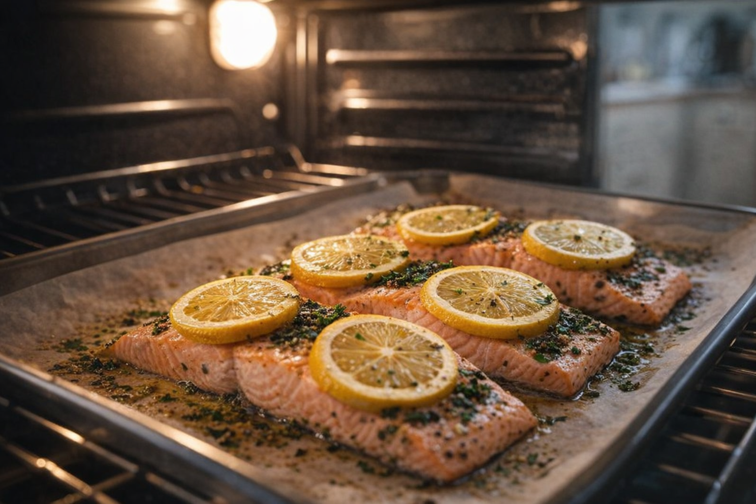 Medium shot of salmon fillets baking in the oven, lemon slices on top, herbs scattered around, oven light on